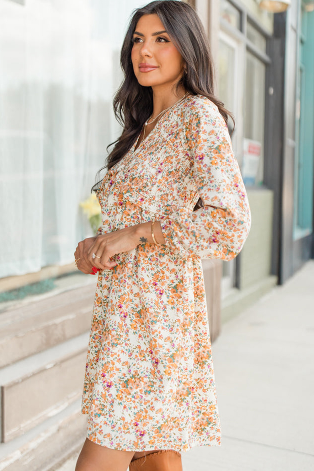 Yellow Boho Floral V Neck Ruffled Empire Waist Long Sleeve Mini Dress - 图片 3