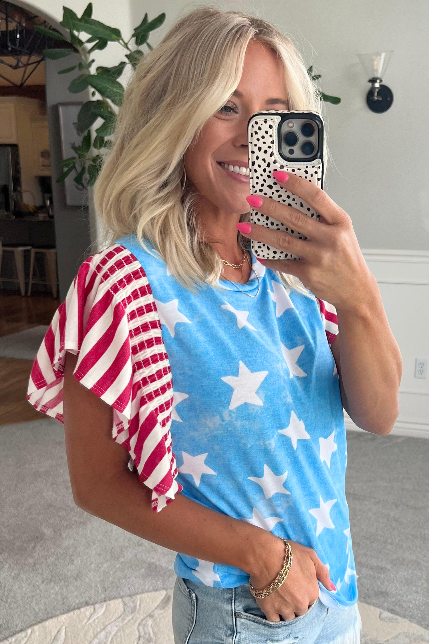 Sky Blue Vintage Star Print Striped Ruffle Sleeve Independence Day Top - 图片 3