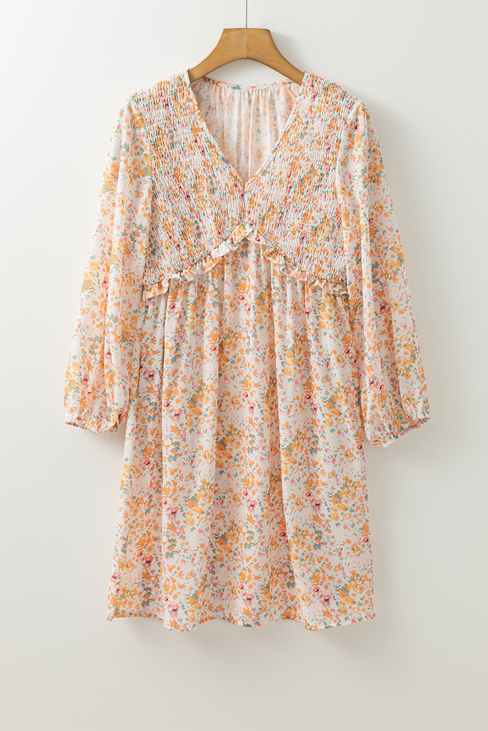 Yellow Boho Floral V Neck Ruffled Empire Waist Long Sleeve Mini Dress - 图片 6