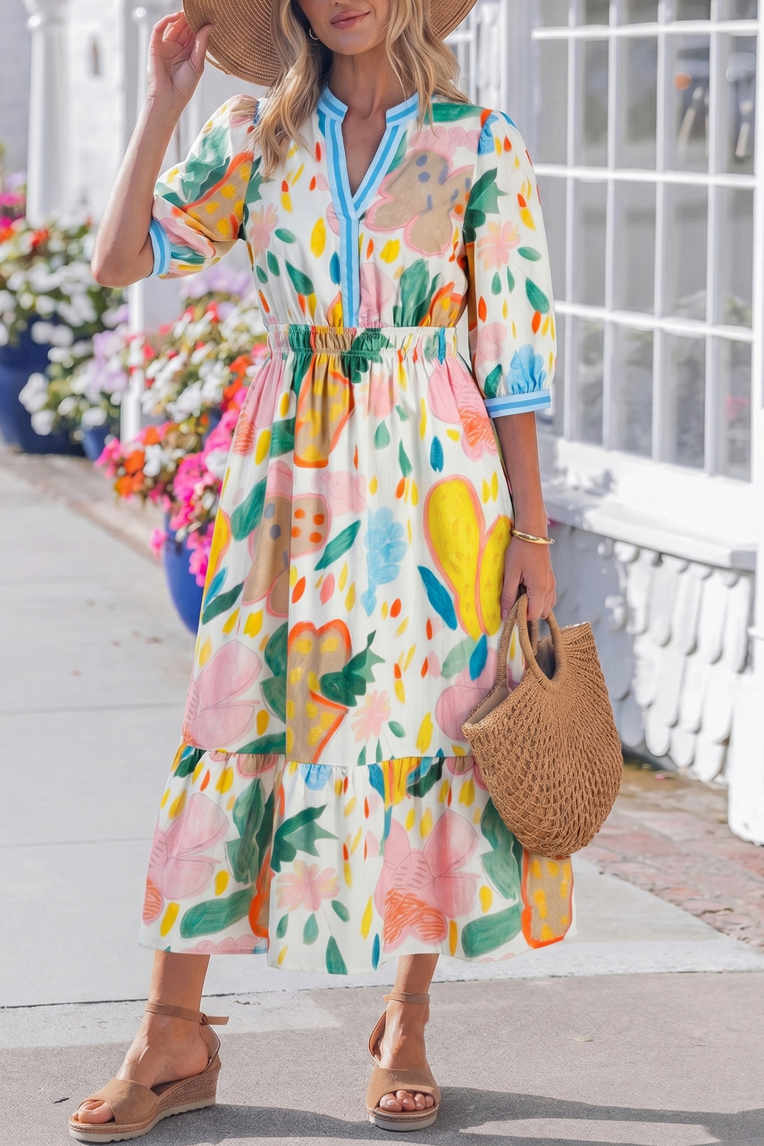 Multicolour Floral Doodle Print Striped Trim V Neck Midi Dress - 图片 4