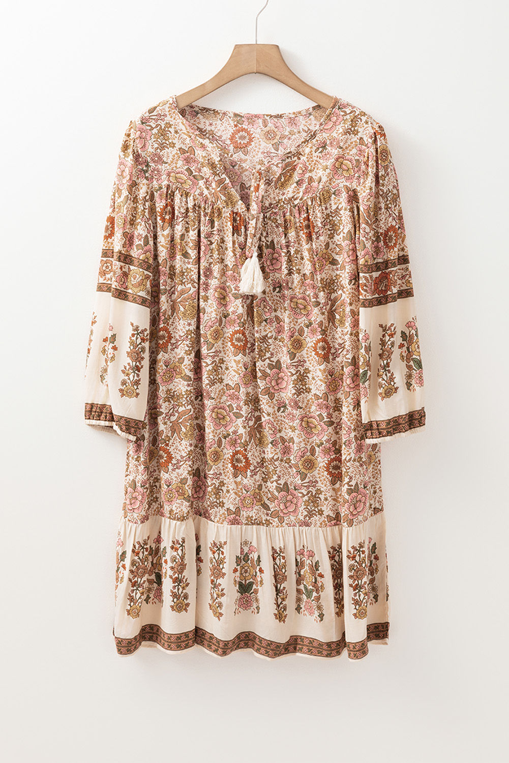 Apricot Floral Print Tassel Drawstring V Neck Loose Mini Dress - 图片 4