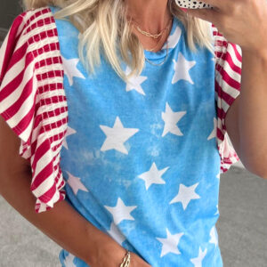 Sky Blue Vintage Star Print Striped Ruffle Sleeve Independence Day Top