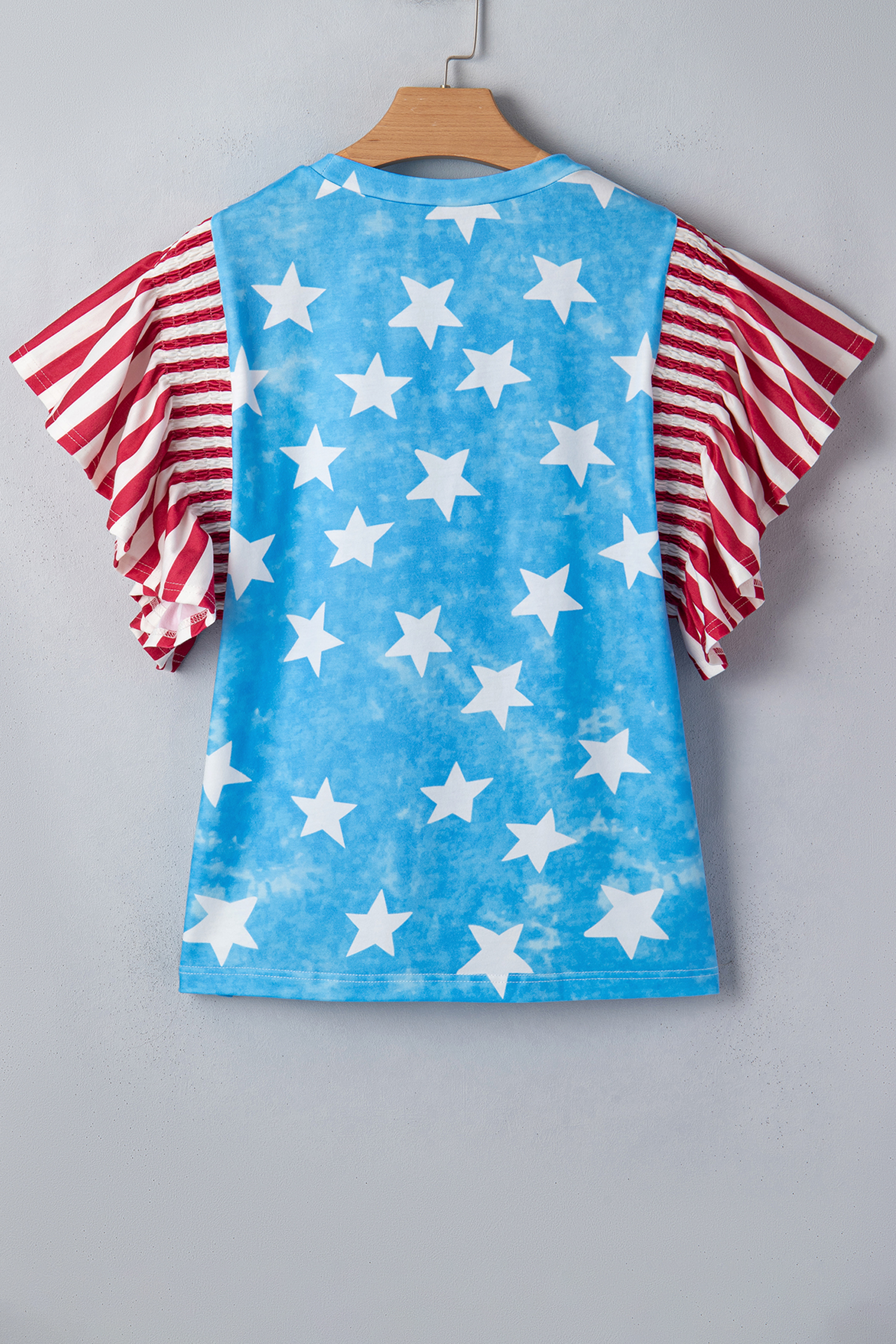 Sky Blue Vintage Star Print Striped Ruffle Sleeve Independence Day Top - 图片 8