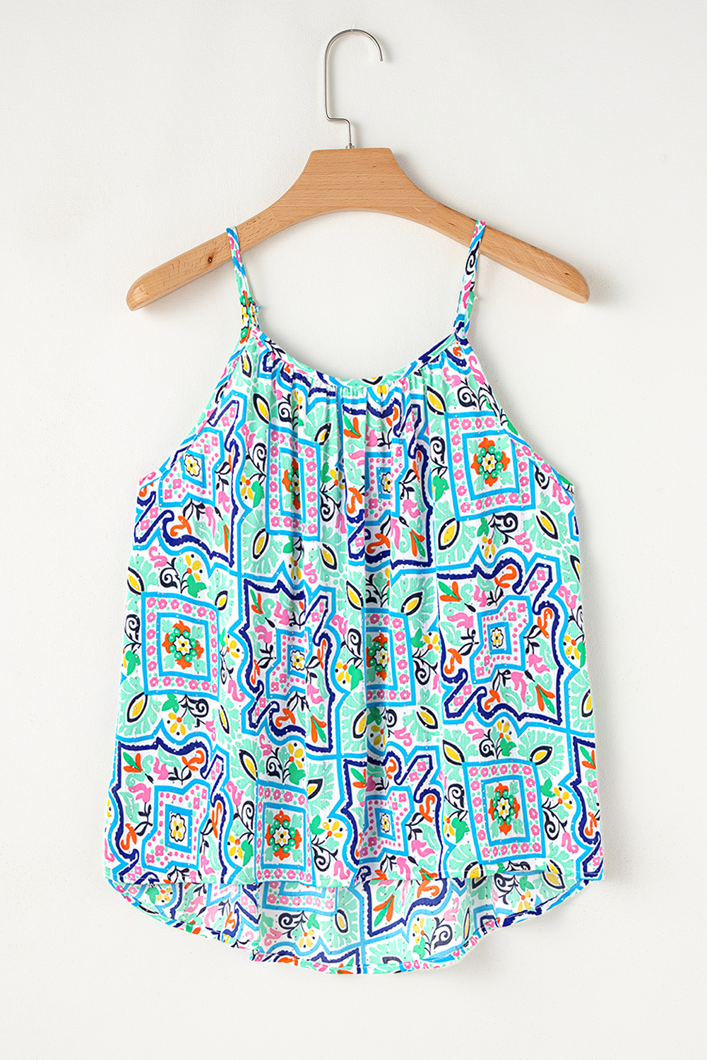 White Rhinestone Boho Floral Printed Spaghetti Strap Tank Top - 图片 7