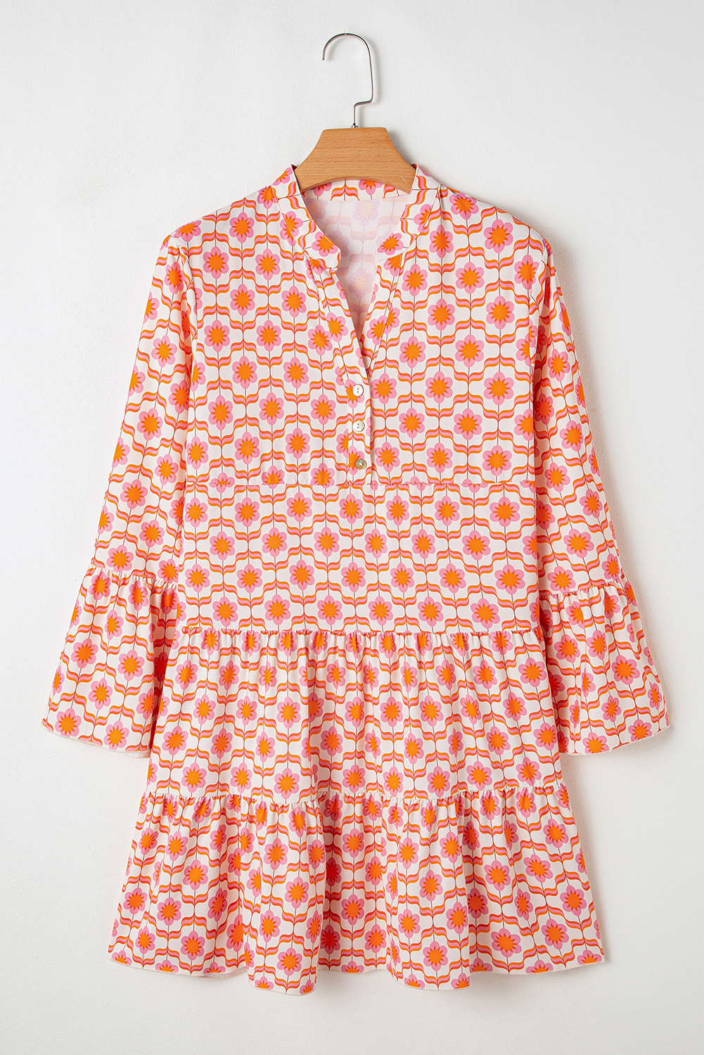 Orange Floral Print Flounce Sleeve Buttoned Front Mini Dress - 图片 6