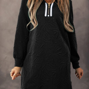Black Jacquard Textured Quarter Zipper Shift Mini Dress
