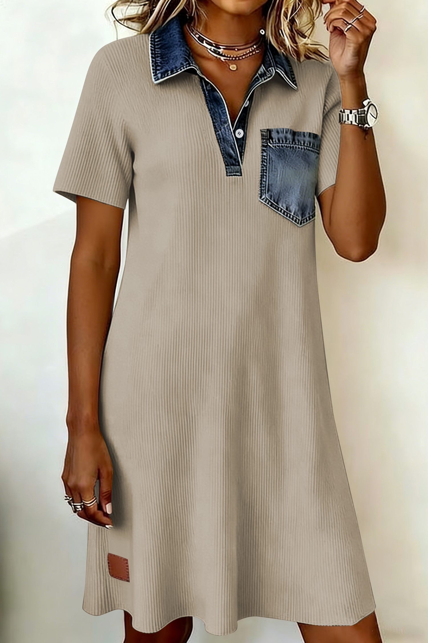 Beige Short Sleeve Ribbed Knit Denim Patchwork Polo Collar Dress - 图片 3
