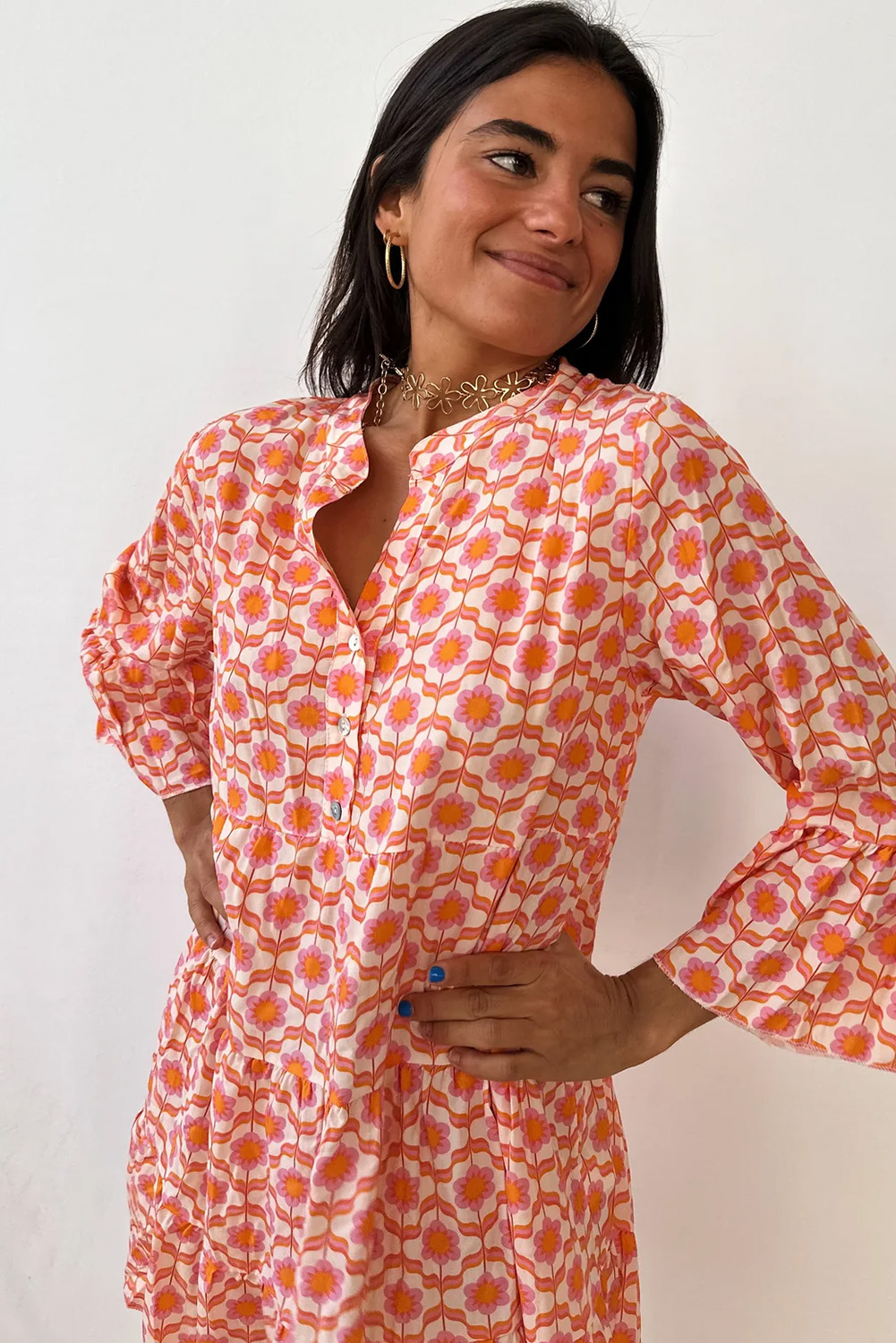 Orange Floral Print Flounce Sleeve Buttoned Front Mini Dress - 图片 4