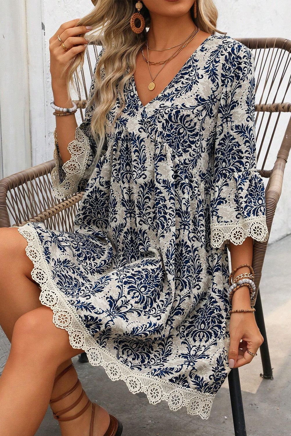 Sky Blue Vintage Printed Lace Trim V Neck 3/4 Sleeve Loose Dress - 图片 6