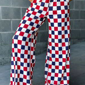 Red 2-Tone Checked Print High Waist Wide Leg Pants