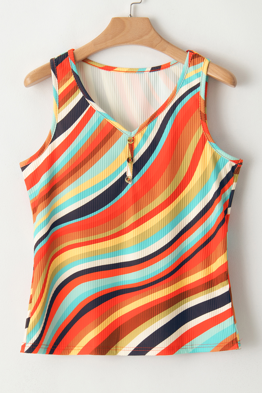 Multicolour Wavy Striped Buttoned V Neck Tank Top - 图片 4