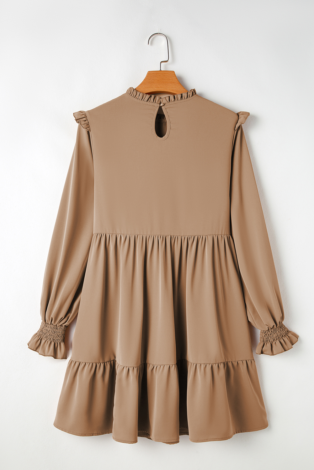 Light French Beige Frilled Collar Ruffled Shoulder Tiered Dress - 图片 8
