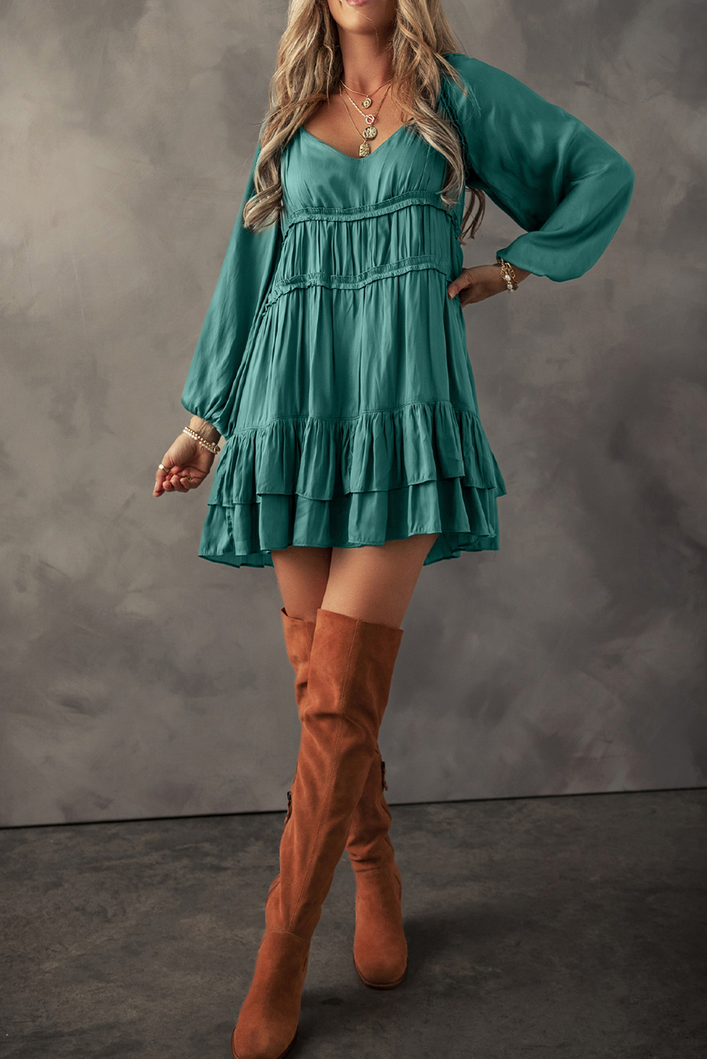 Mist Green Tiered Ruffled Puff Sleeve Loose Fit Mini Dress - 图片 5