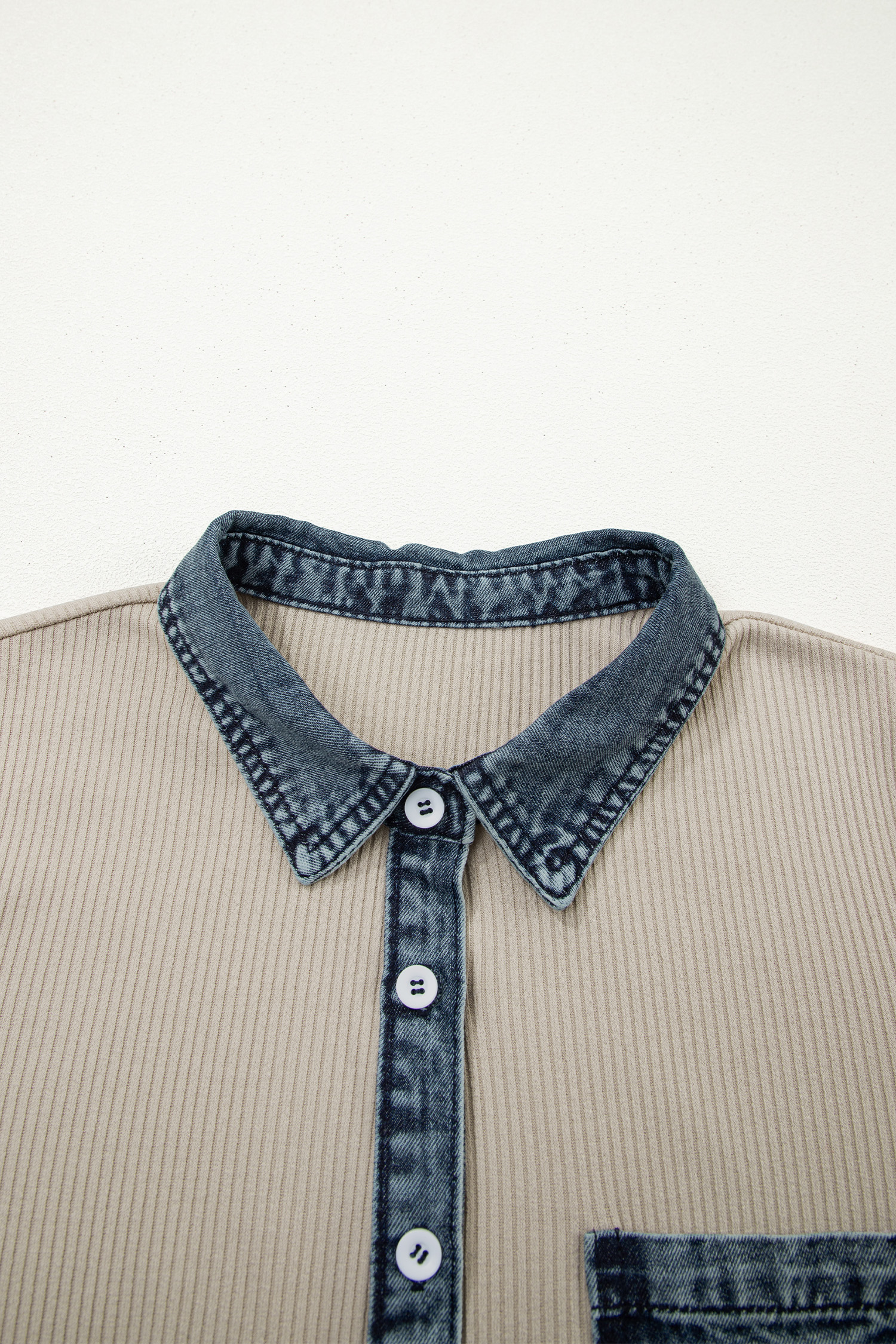 Beige Short Sleeve Ribbed Knit Denim Patchwork Polo Collar Dress - 图片 7