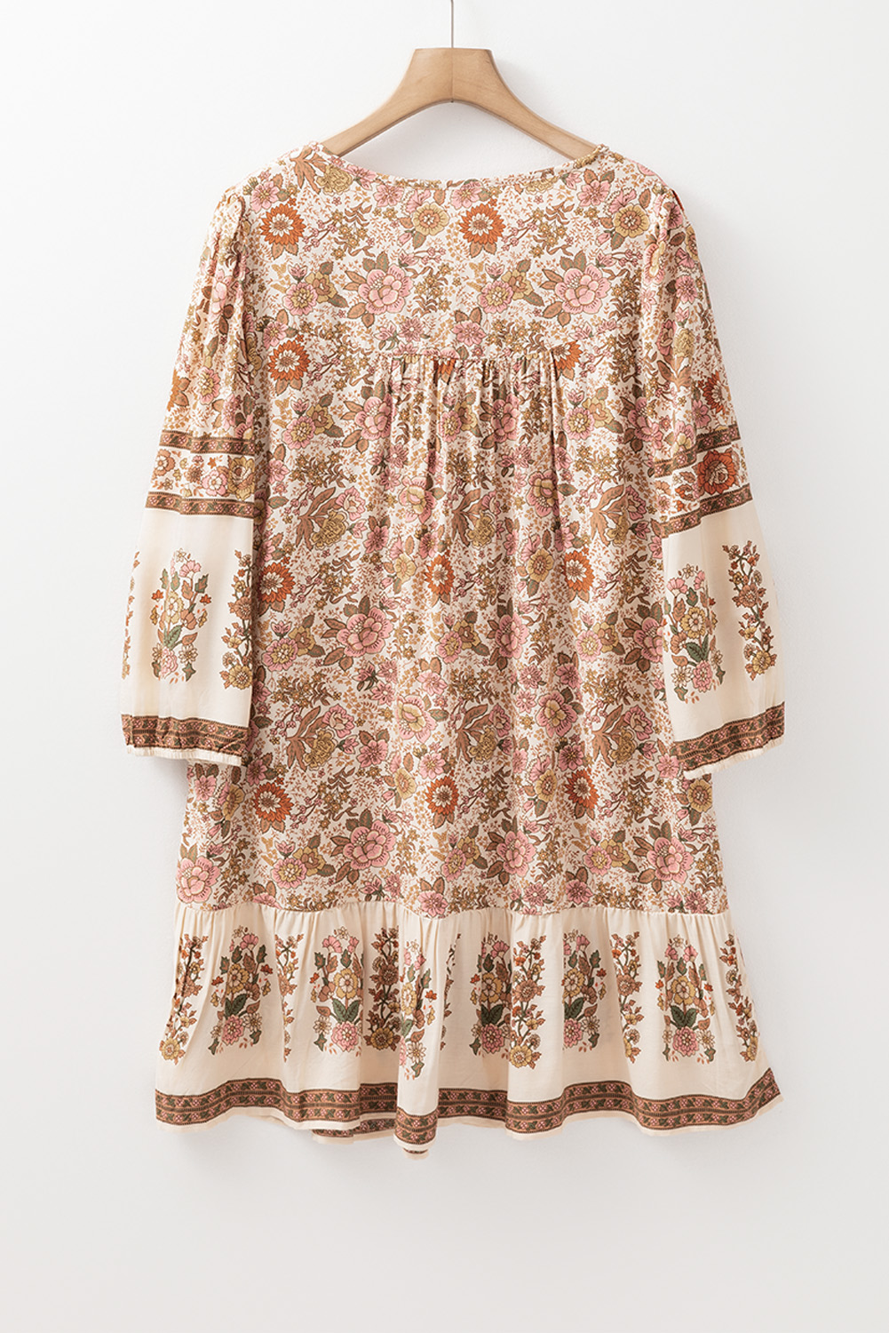 Apricot Floral Print Tassel Drawstring V Neck Loose Mini Dress - 图片 5
