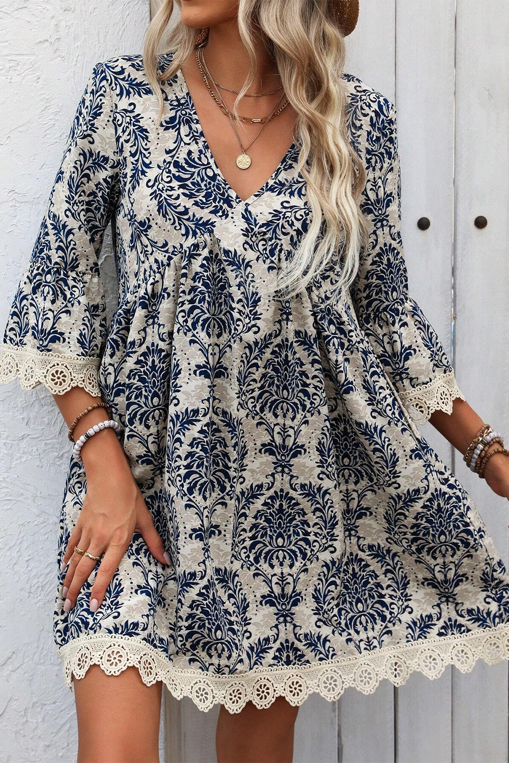 Sky Blue Vintage Printed Lace Trim V Neck 3/4 Sleeve Loose Dress - 图片 3