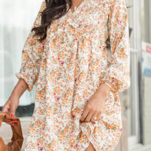 Yellow Boho Floral V Neck Ruffled Empire Waist Long Sleeve Mini Dress