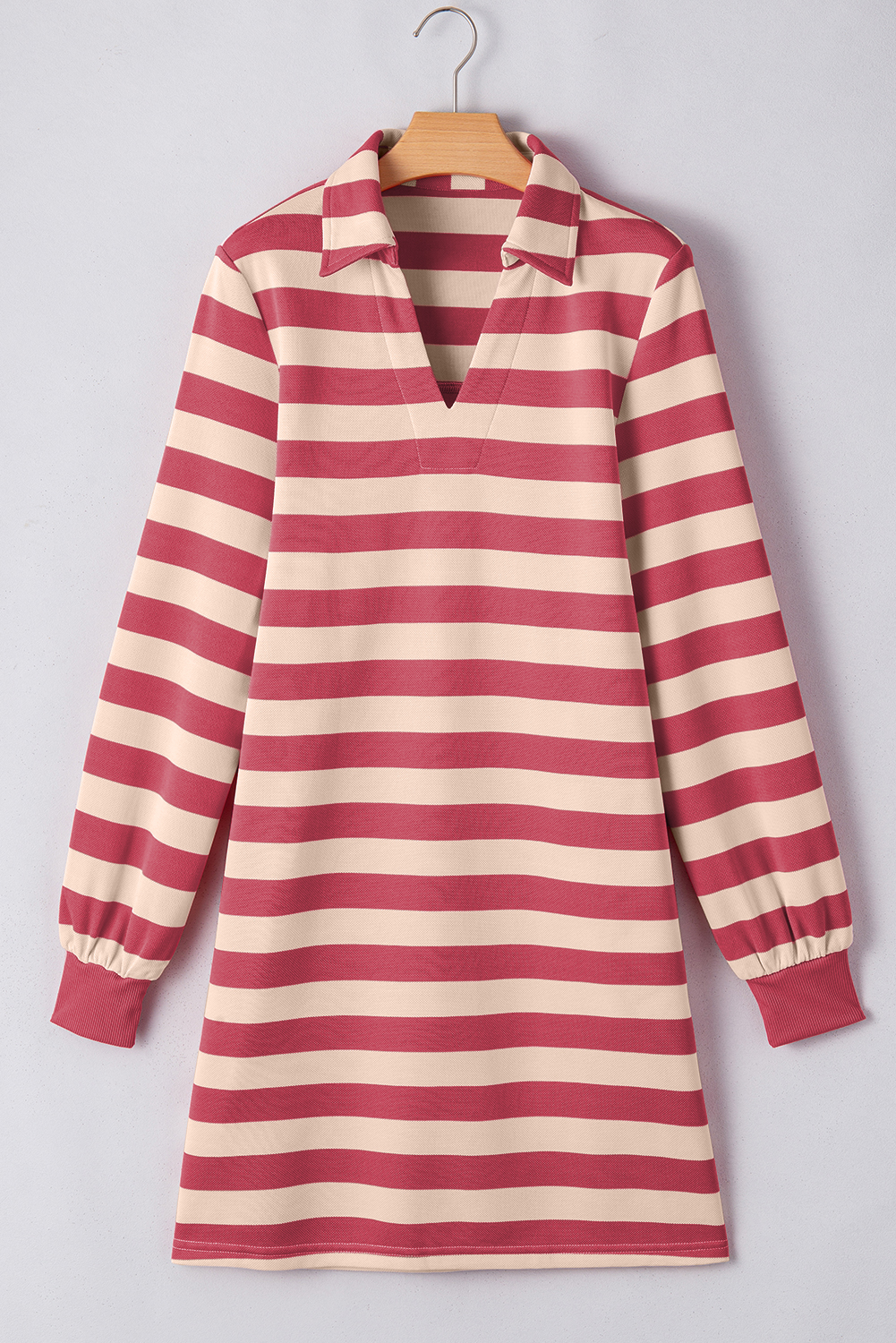 Pink Stripe Collared V Neck Long Sleeve Loose Casual Dress - 图片 7
