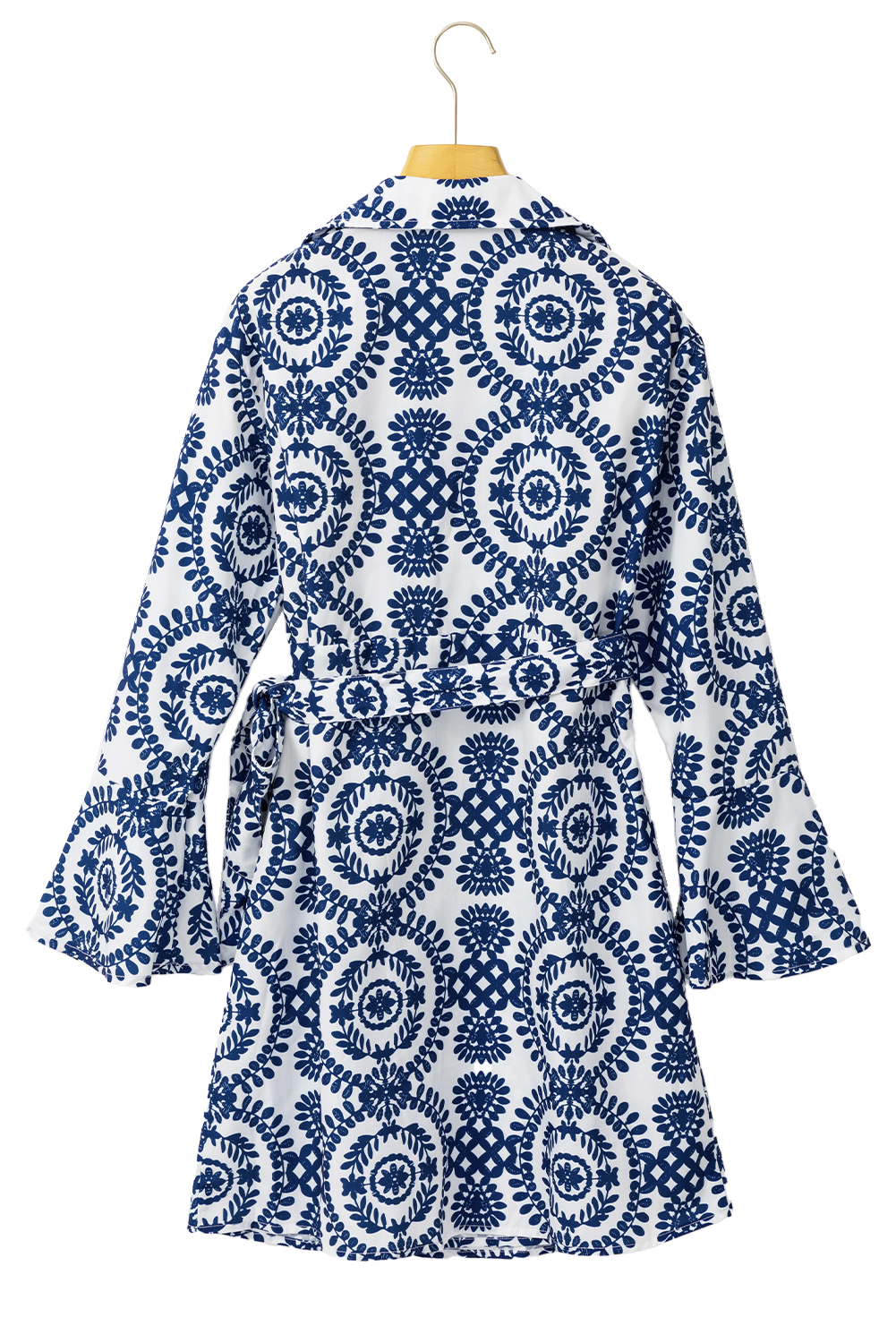 Blue Floral Print V Neck Wrapped Knot Long Sleeve Dress - 图片 6