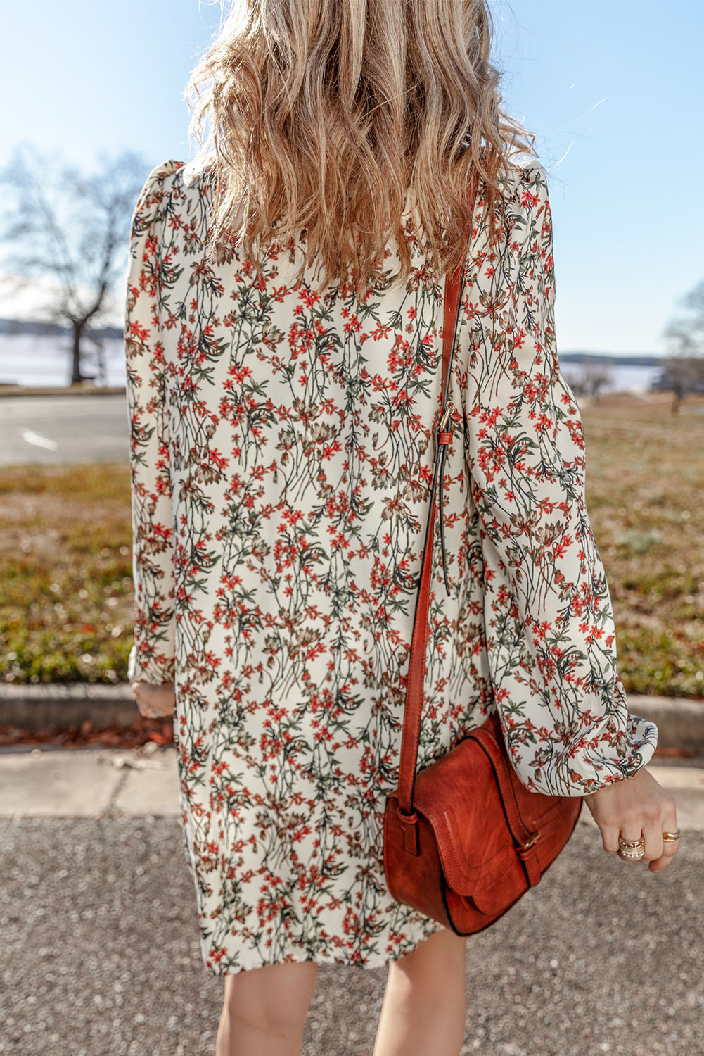 White Floral Printed Long Sleeve Mini Dress - 图片 2