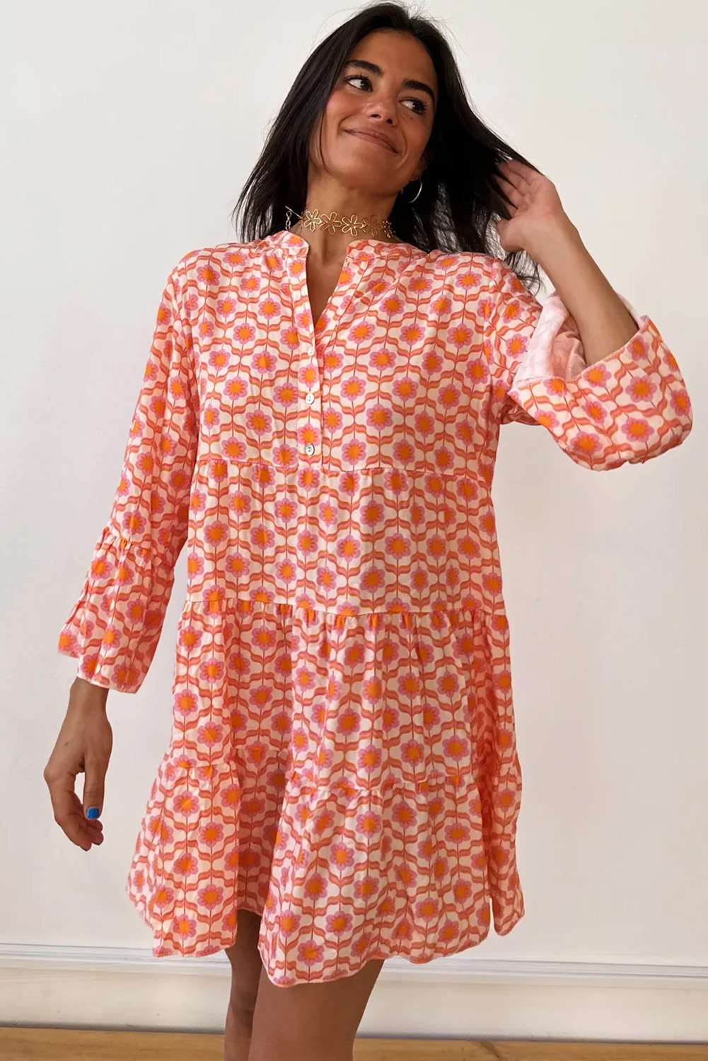 Orange Floral Print Flounce Sleeve Buttoned Front Mini Dress - 图片 5