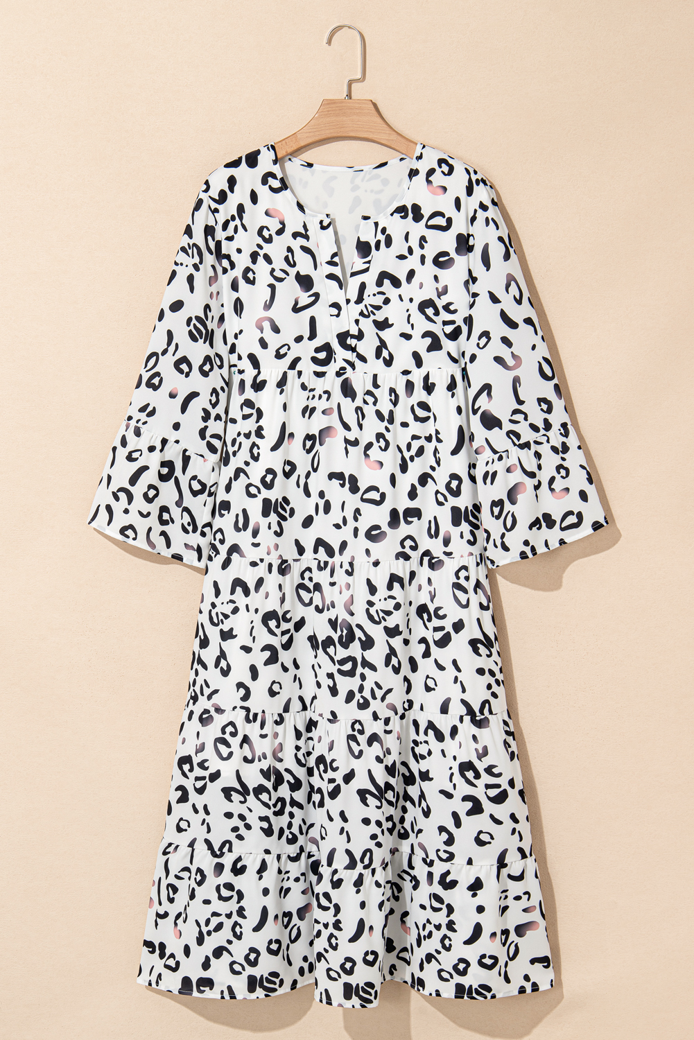 White Leopard Print Notch V Neck Loose Fit Maxi Dress - 图片 7