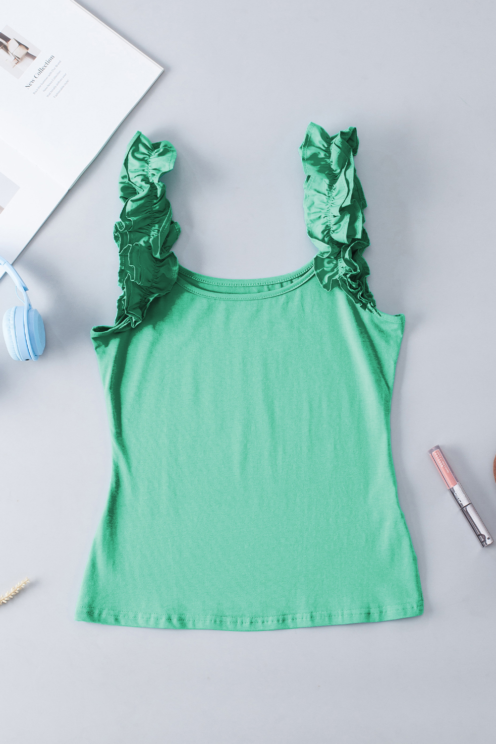 Mint Green Ruffled Wide Straps Slim Tank Top - 图片 5
