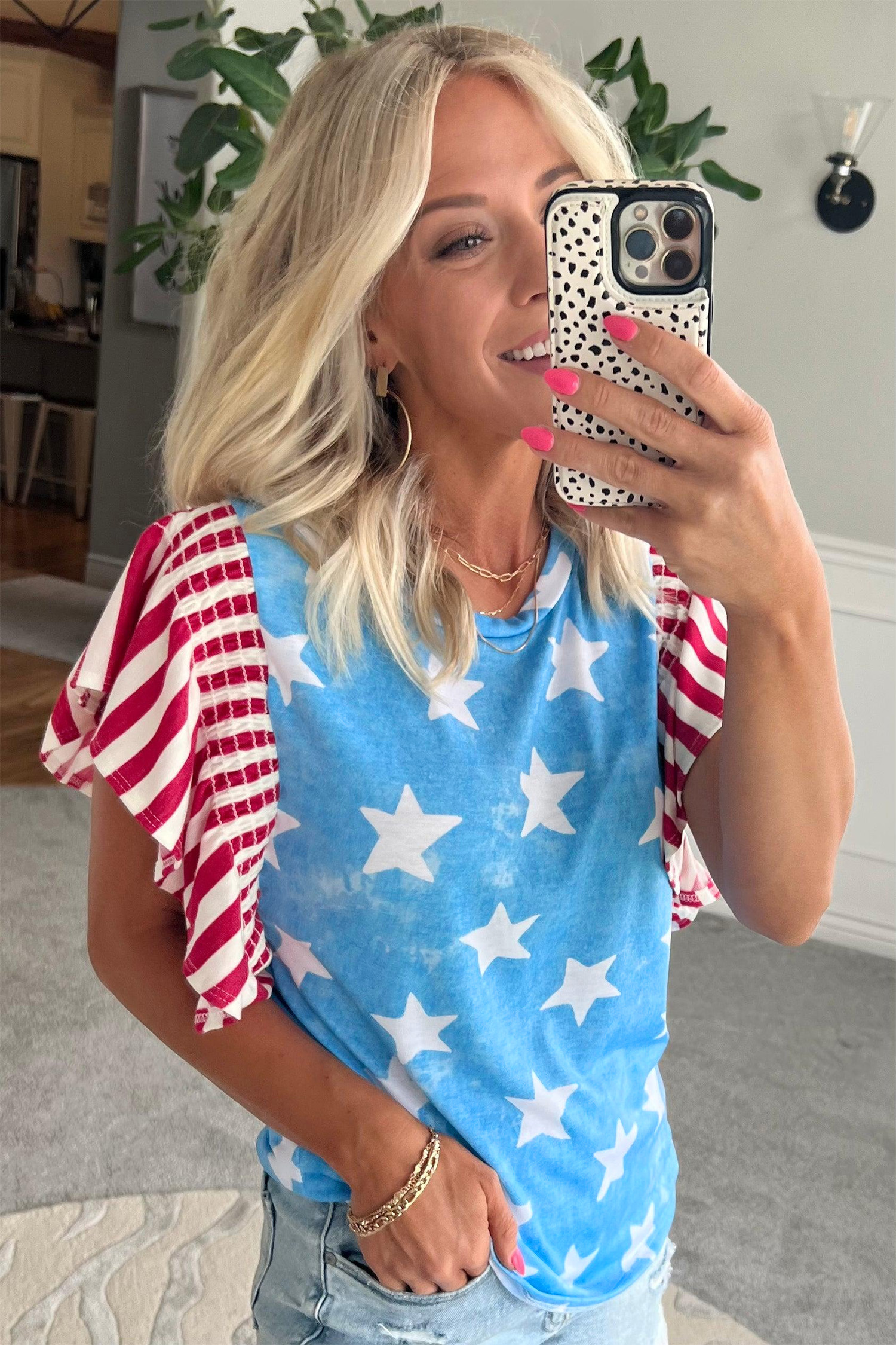 Sky Blue Vintage Star Print Striped Ruffle Sleeve Independence Day Top - 图片 5