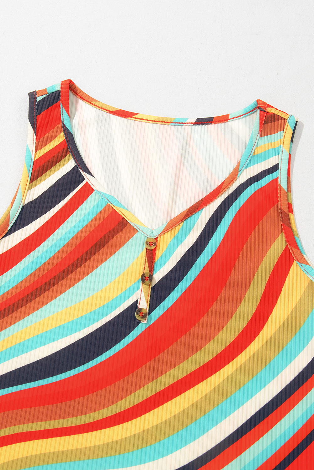 Multicolour Wavy Striped Buttoned V Neck Tank Top - 图片 7