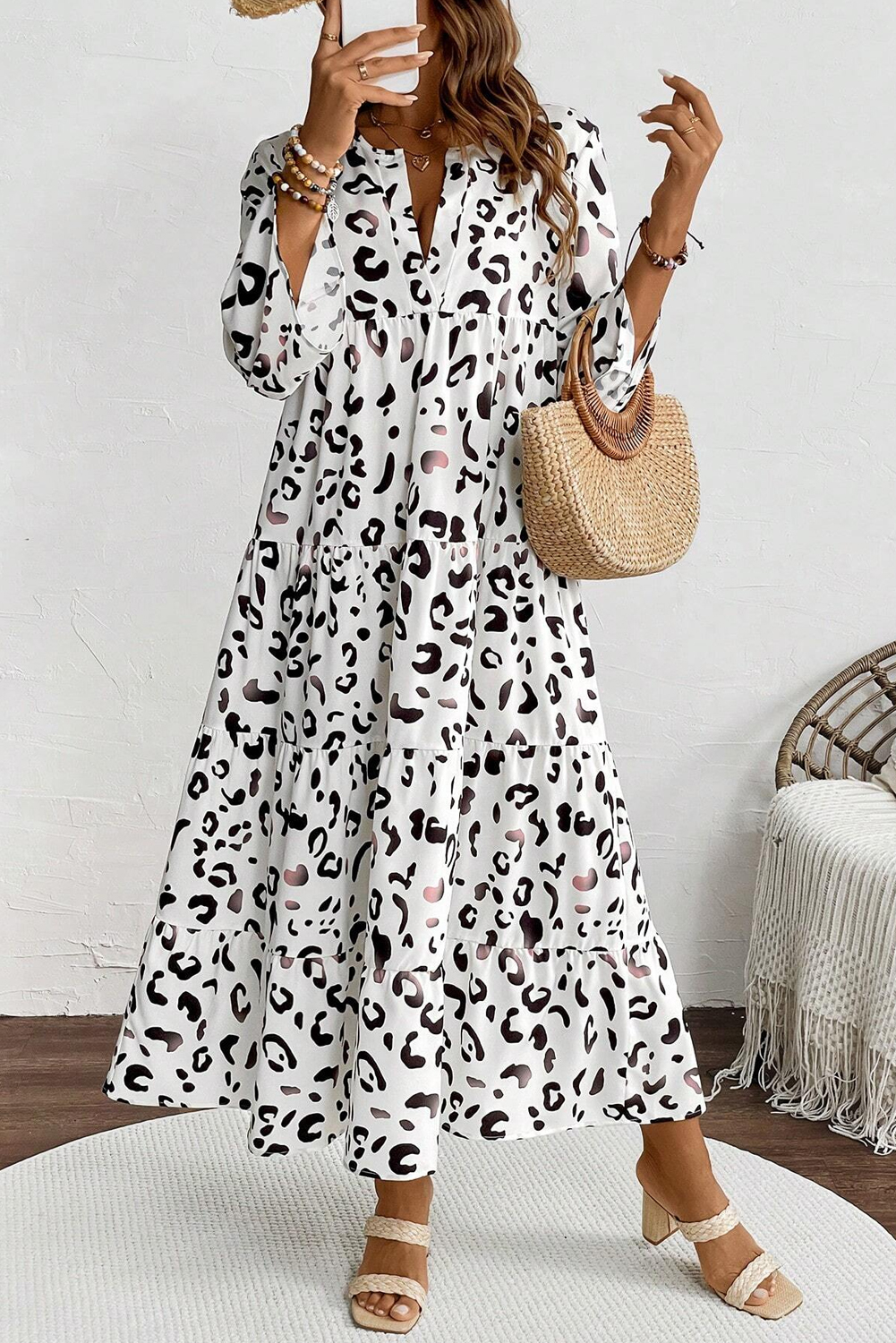 White Leopard Print Notch V Neck Loose Fit Maxi Dress - 图片 4