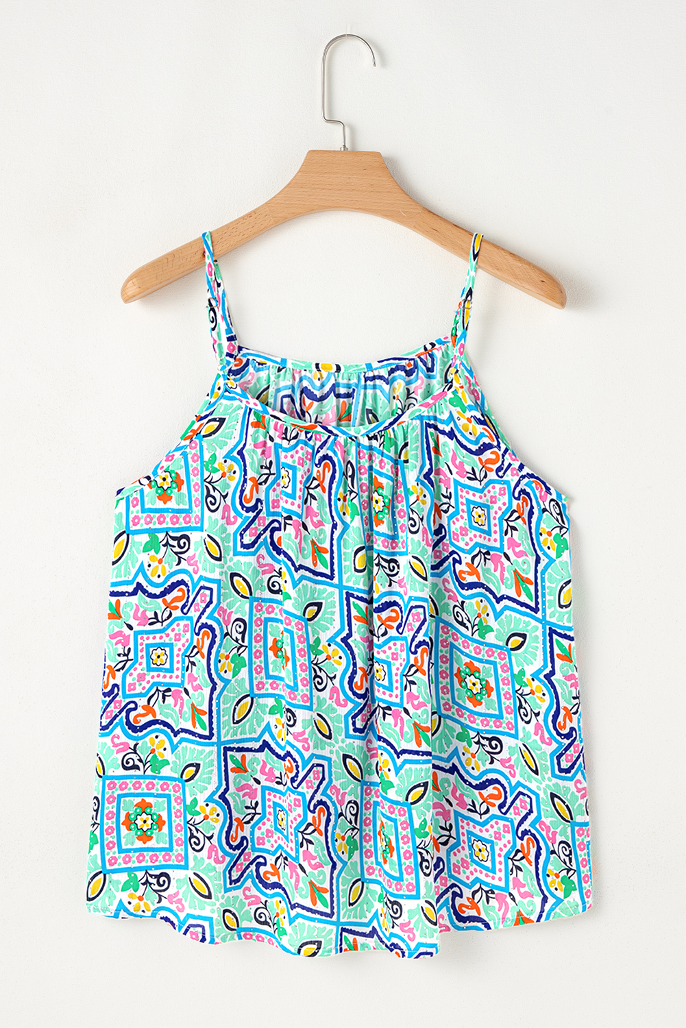 White Rhinestone Boho Floral Printed Spaghetti Strap Tank Top - 图片 8