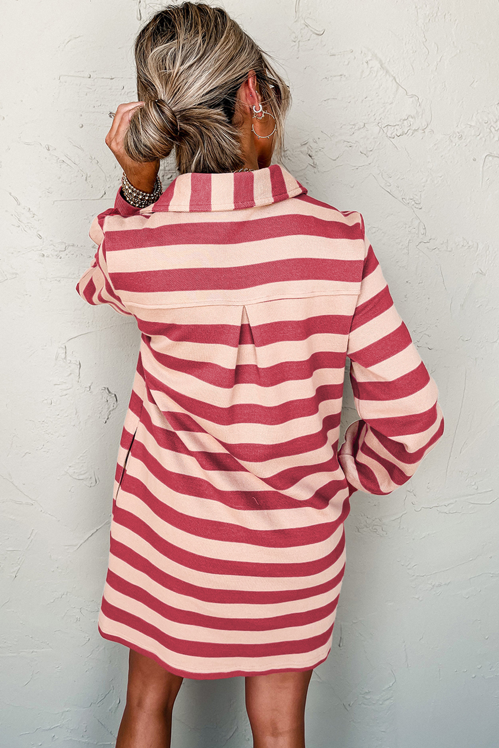 Pink Stripe Collared V Neck Long Sleeve Loose Casual Dress - 图片 2