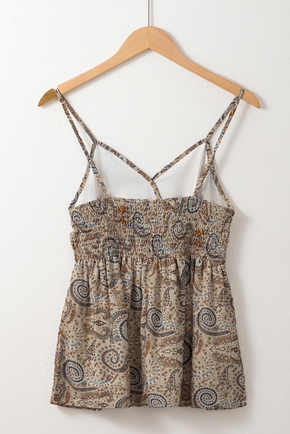Khaki Paisley Printed Spaghetti Strap V Neck Smocked Babydoll Tank Top - 图片 6