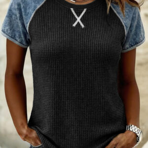 Carbon Grey Waffle Knit Seam Detail Color Block Patchwork Short Sleeve Top