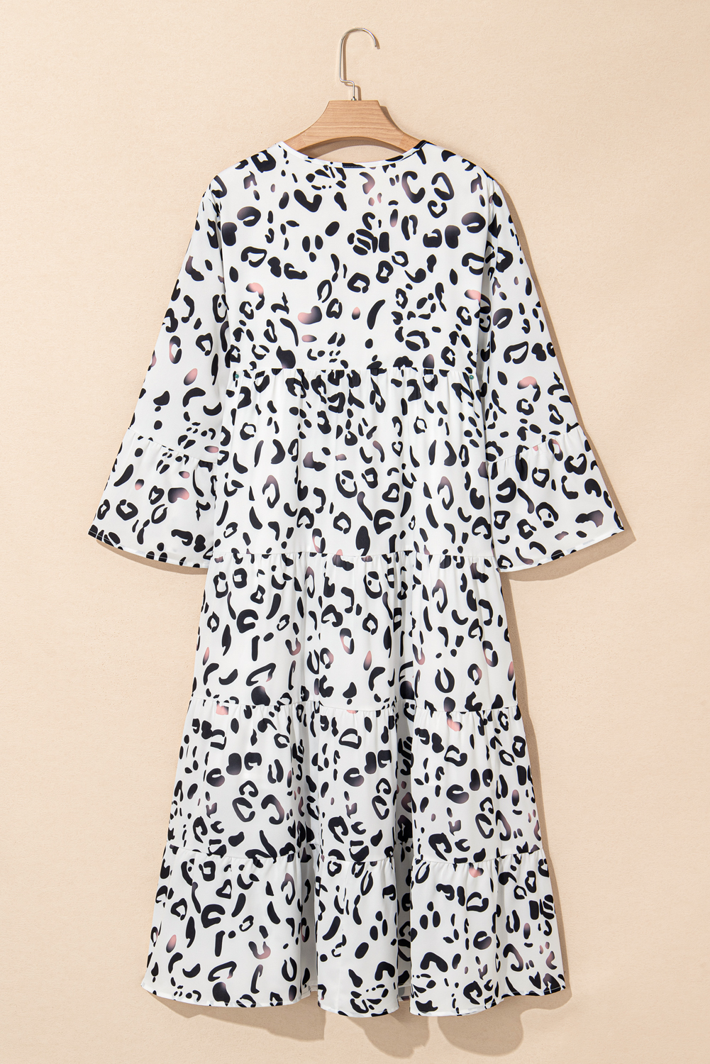 White Leopard Print Notch V Neck Loose Fit Maxi Dress - 图片 8