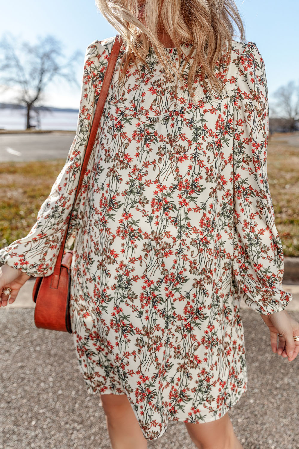 White Floral Printed Long Sleeve Mini Dress - 图片 4