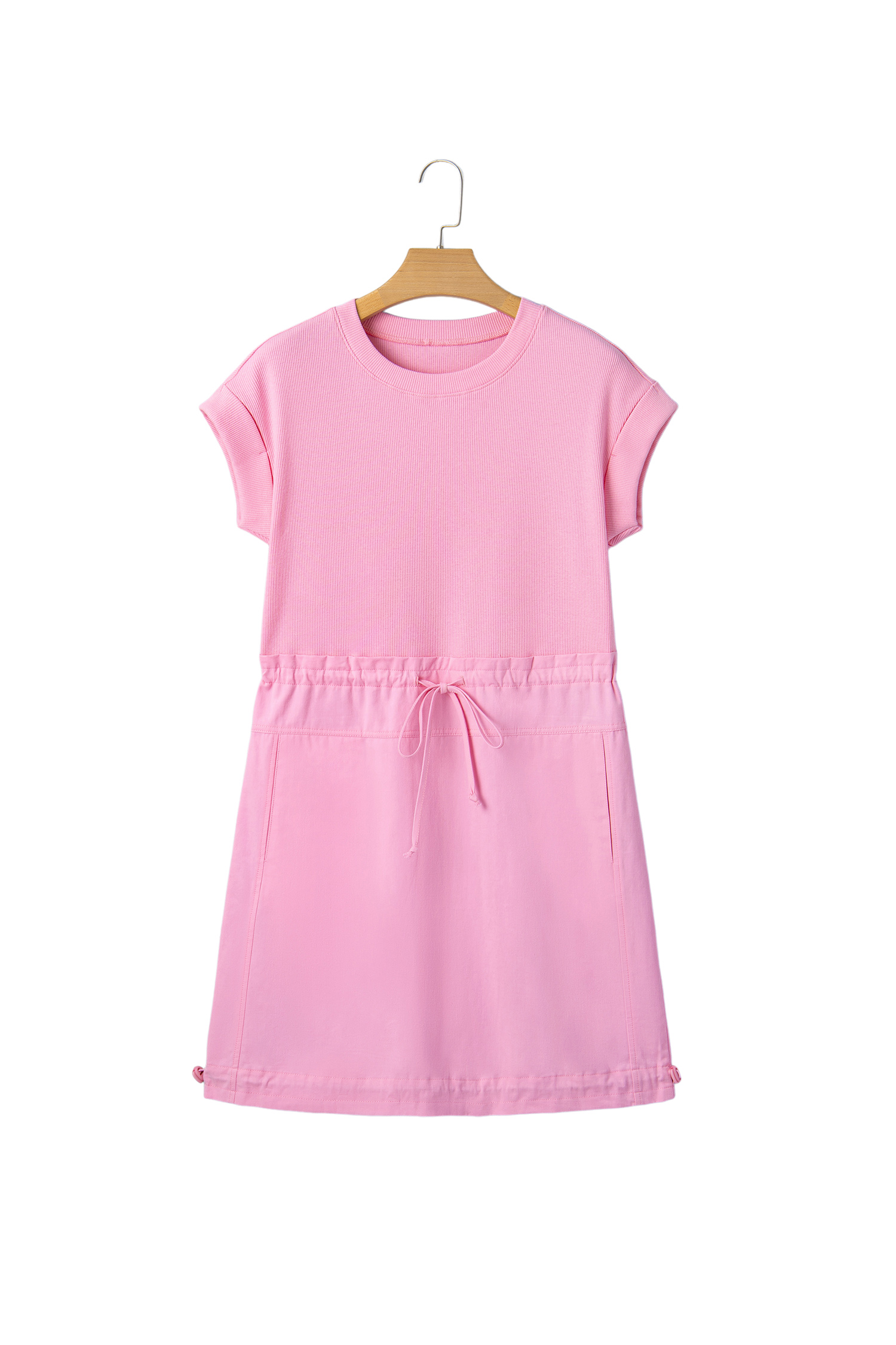Bonbon Cuffed Short Sleeve Mix Fabric Patchwork Drawstring Mini Dress - 图片 18