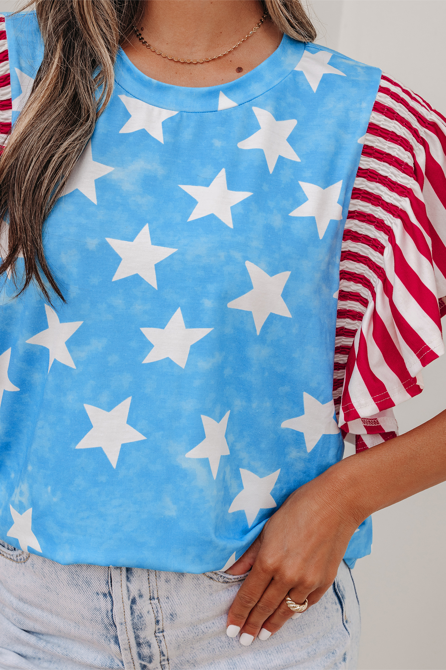 Sky Blue Vintage Star Print Striped Ruffle Sleeve Independence Day Top - 图片 15