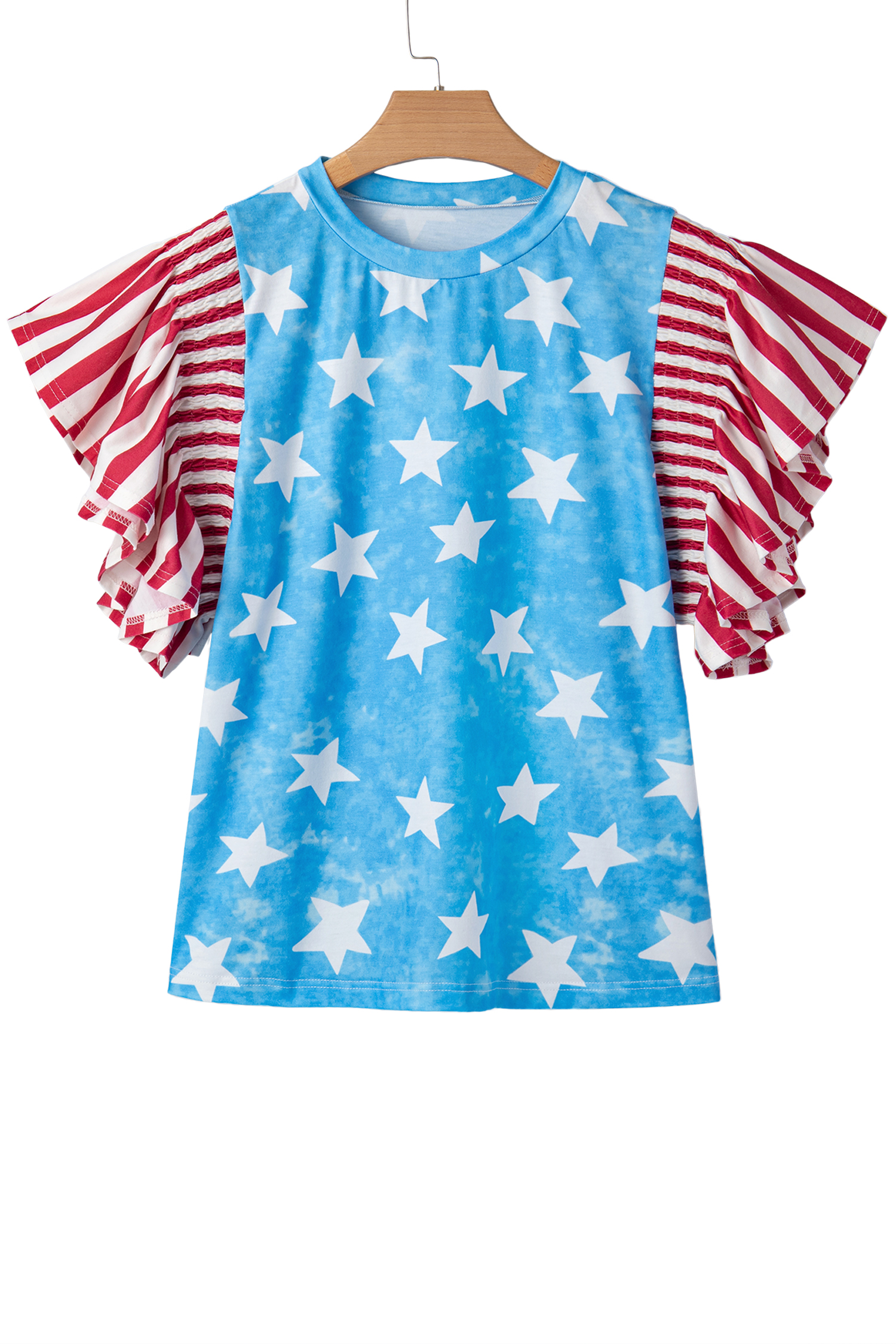 Sky Blue Vintage Star Print Striped Ruffle Sleeve Independence Day Top - 图片 18