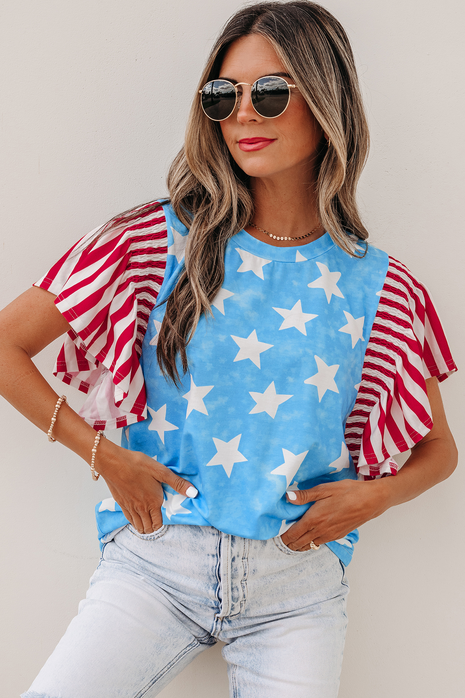 Sky Blue Vintage Star Print Striped Ruffle Sleeve Independence Day Top - 图片 9