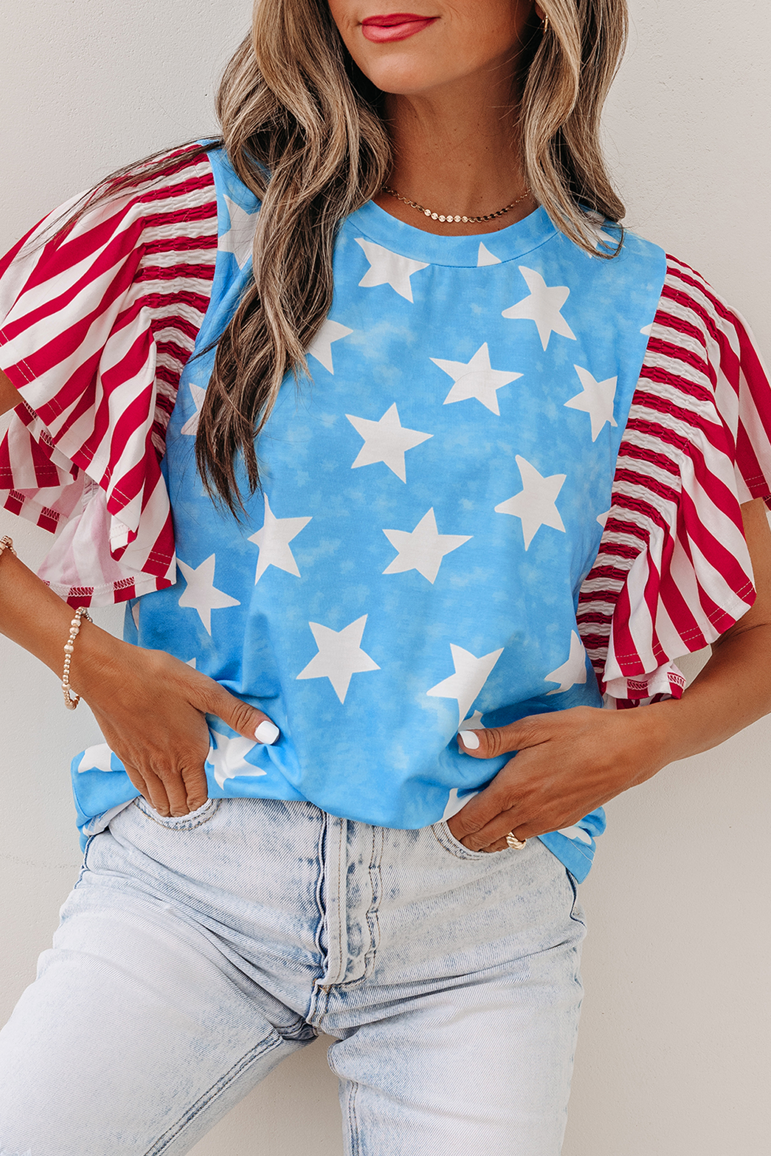 Sky Blue Vintage Star Print Striped Ruffle Sleeve Independence Day Top - 图片 14
