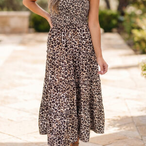 Brown Ruffled Straps Smocked Tiered Leopard Maxi Dress