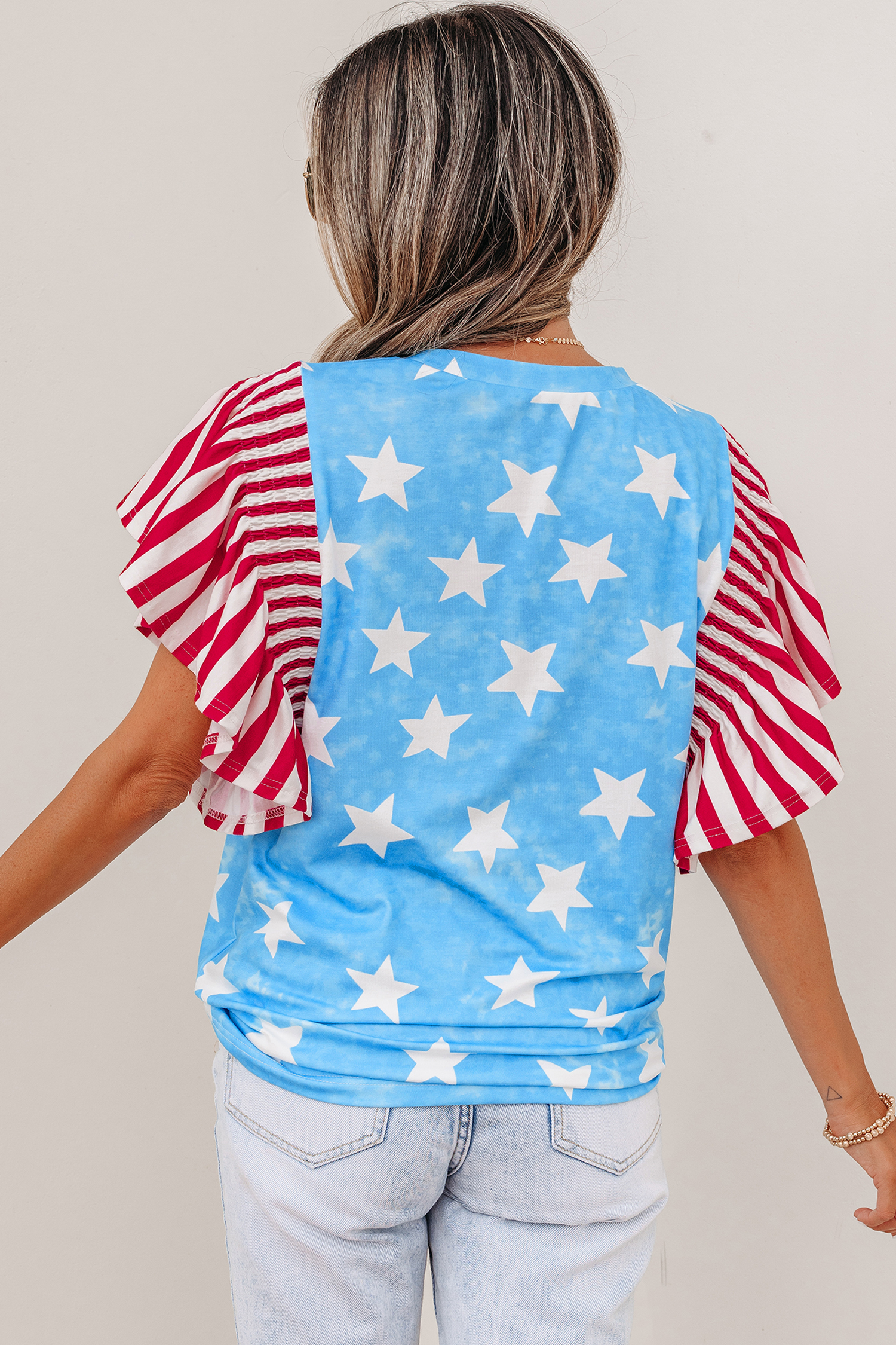 Sky Blue Vintage Star Print Striped Ruffle Sleeve Independence Day Top - 图片 13