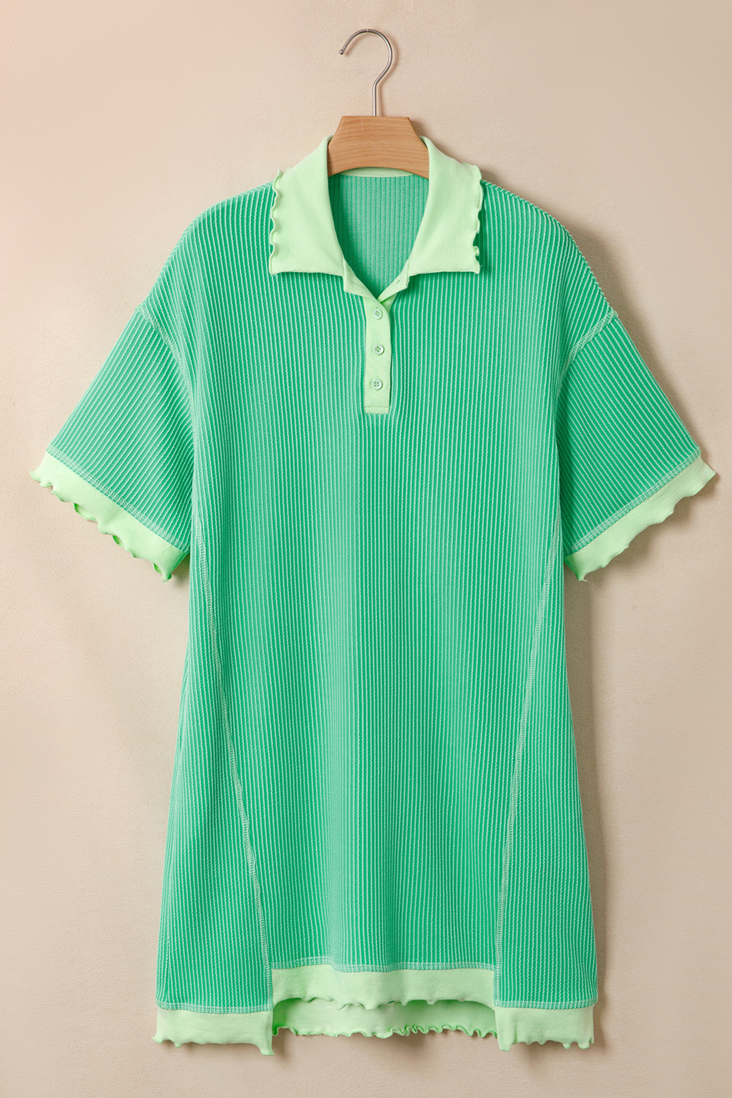 Mint Green Oversize Twist Ribbed Polo T Shirt Dress - 图片 3