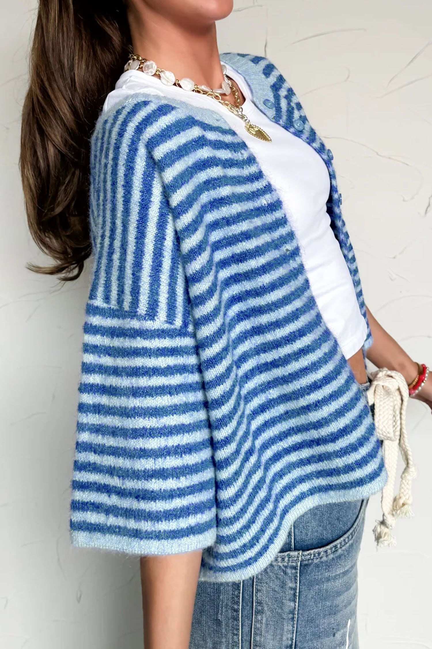 Blue Stripe Loose Half Sleeve Knit Button Down Sweater Cardigan - 图片 5