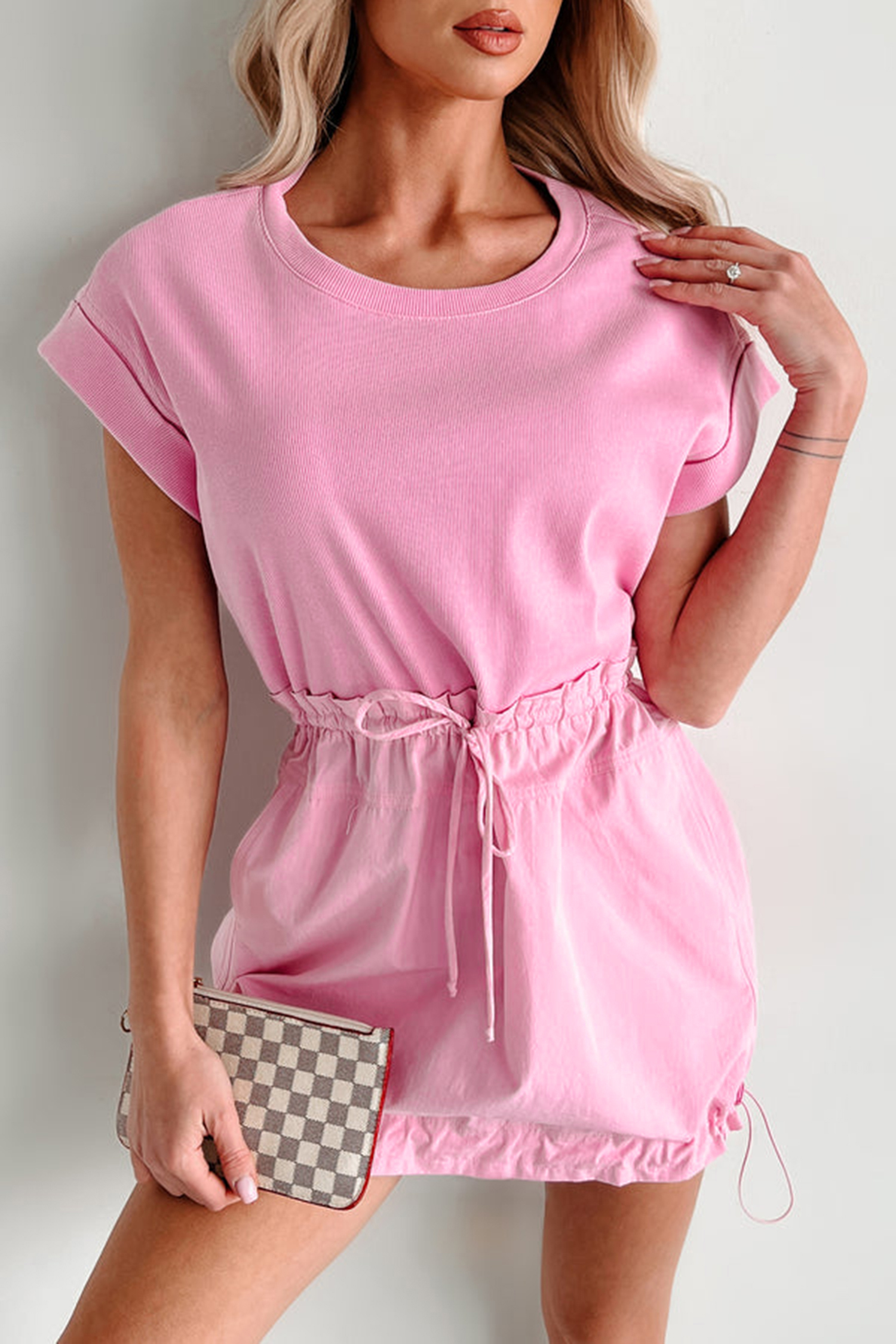 Bonbon Cuffed Short Sleeve Mix Fabric Patchwork Drawstring Mini Dress - 图片 6