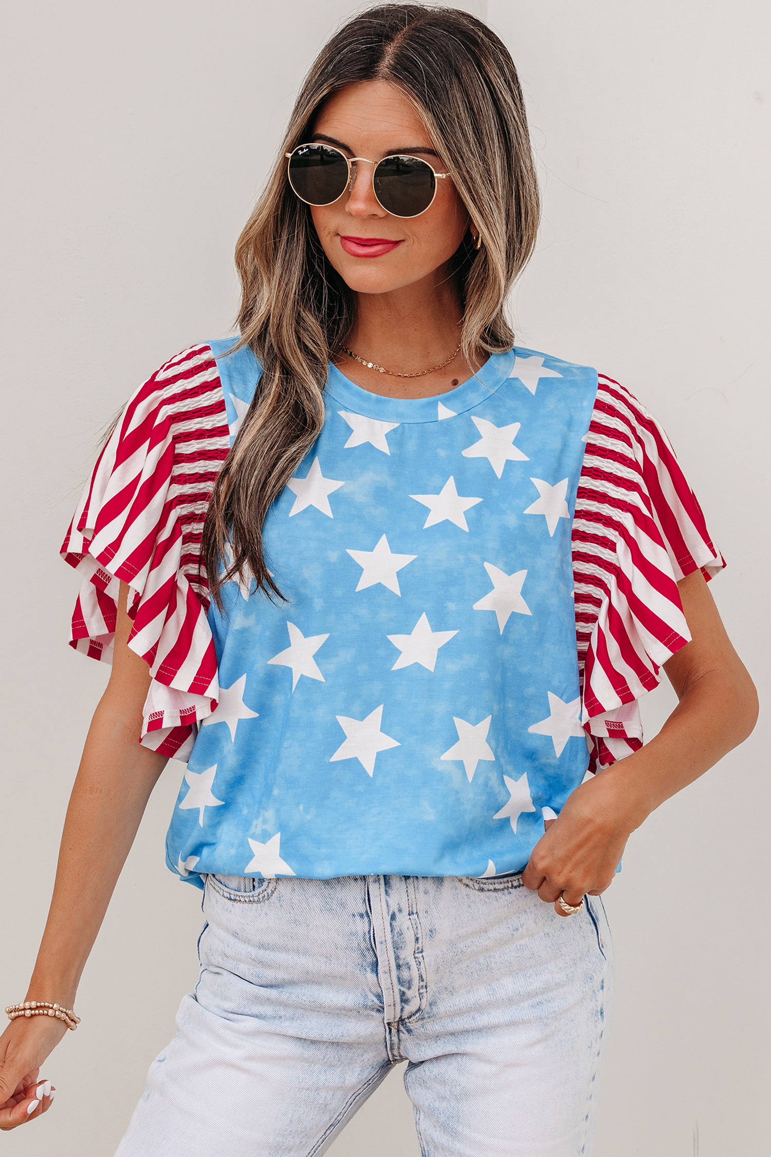 Sky Blue Vintage Star Print Striped Ruffle Sleeve Independence Day Top - 图片 11