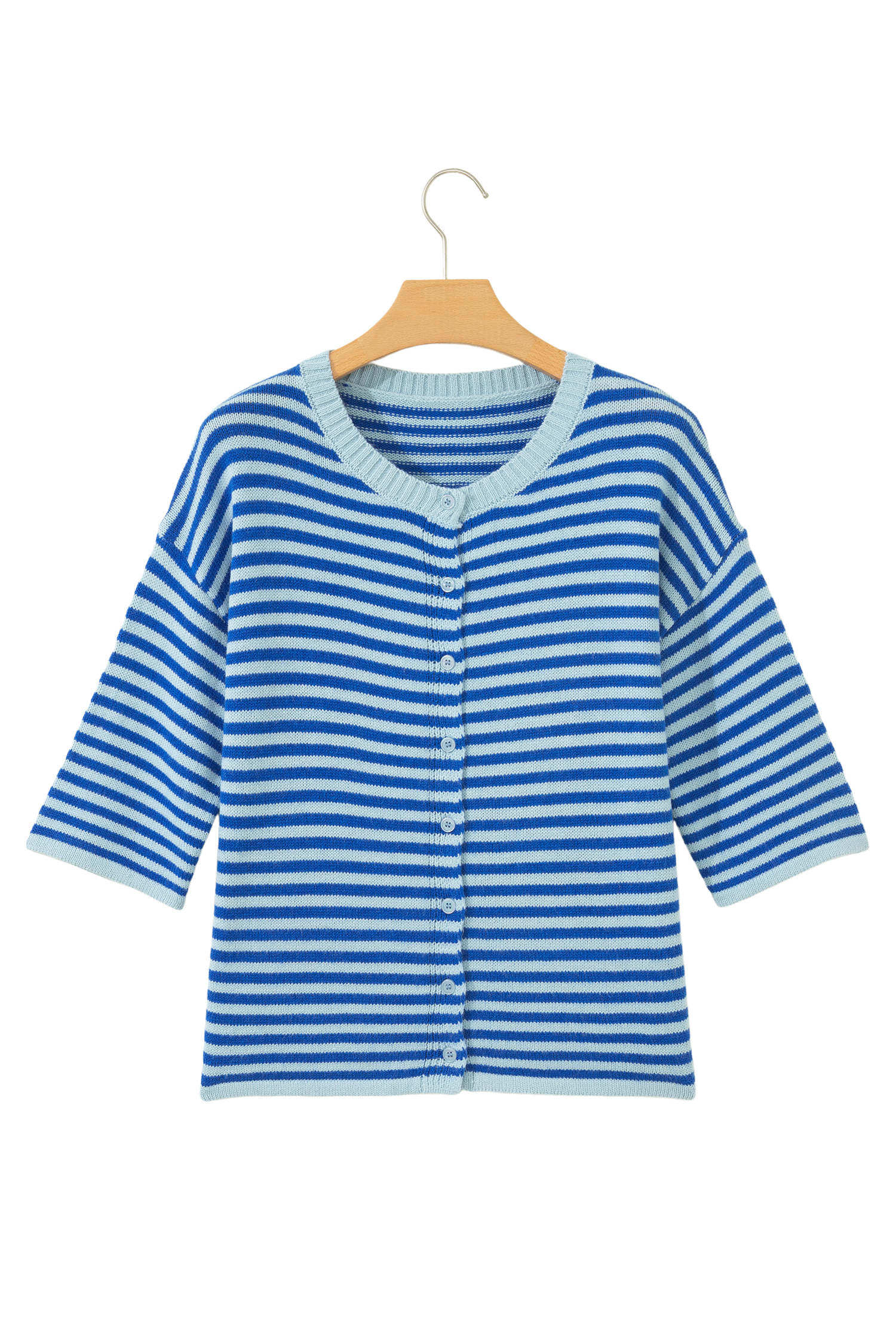 Blue Stripe Loose Half Sleeve Knit Button Down Sweater Cardigan - 图片 16