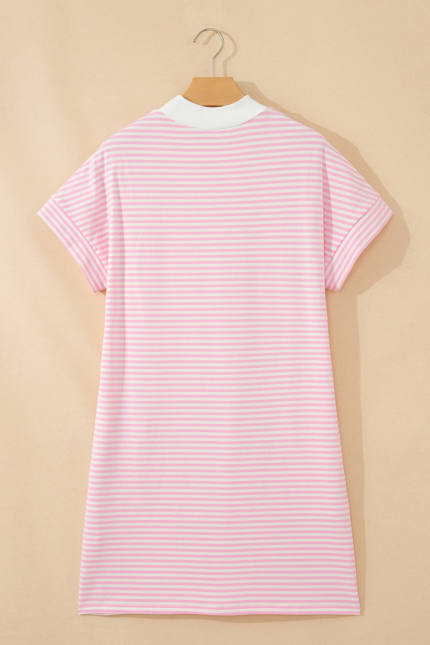 Pink Stripe Cuffed Short Sleeve Contrast Mock Neck Tee Dress - 图片 10