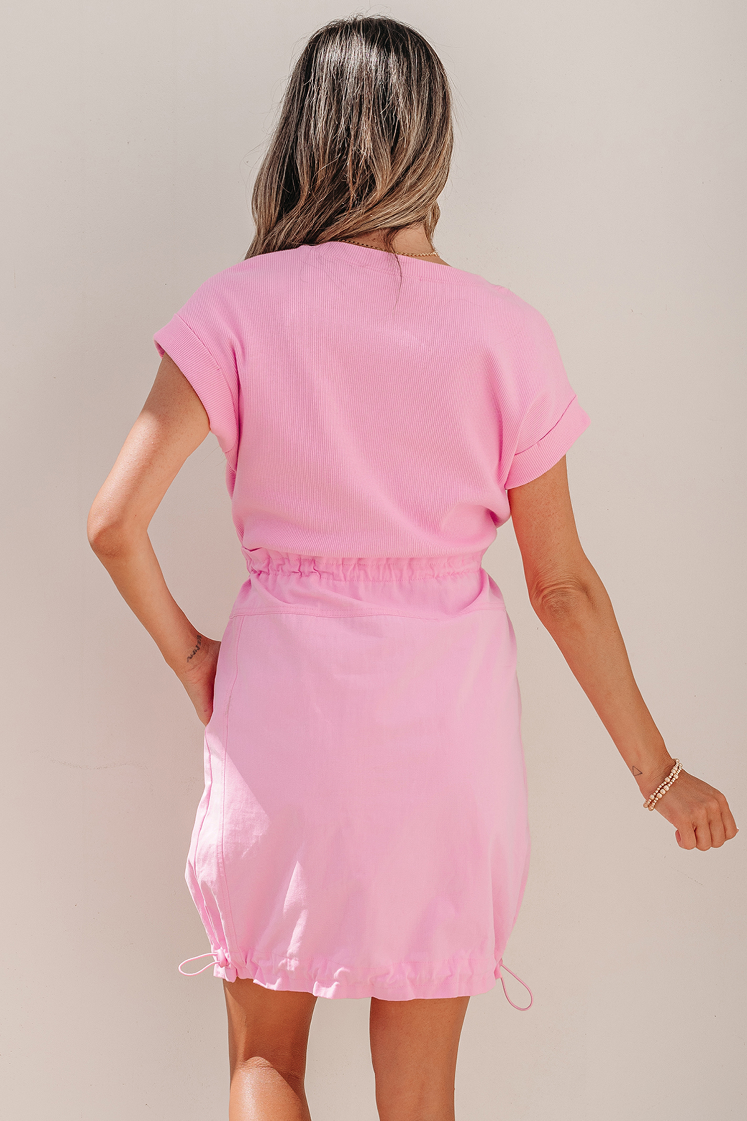 Bonbon Cuffed Short Sleeve Mix Fabric Patchwork Drawstring Mini Dress - 图片 10